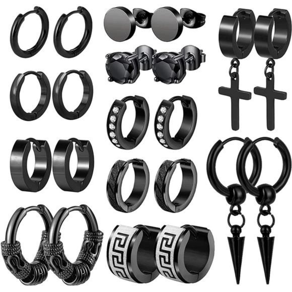 Mens Earrings 11 Pairs Stainless Steel Small Hoop Earrings Cross Dangle Men Gift - Picture 1 of 6